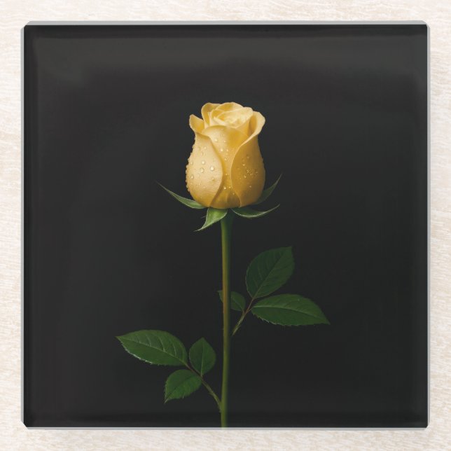 Black 4 Luxe Glass coaster, Sunlit Yellow Rose Glass Coaster (Front)