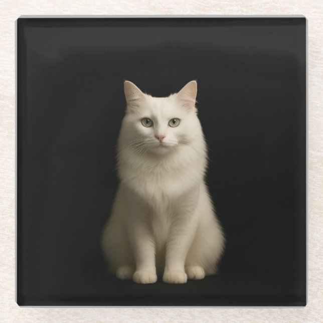 Black 4 Luxe Glass coaster, Turkish Angora Cat Coaster (Front)