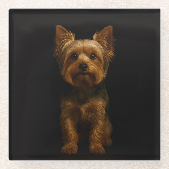 Black 4 Luxe Glass coaster, Yorkshire Terrier Glass Coaster (Front)