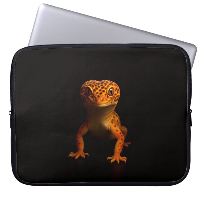 Black 4 Luxe Laptop Sleeve, Gecko Leopard Lizard Sleeve (Front)