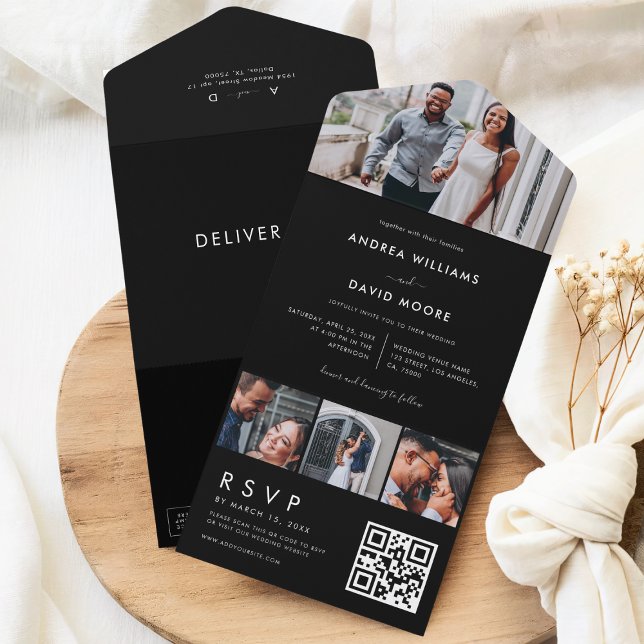 Black 4 Photo Collage QR Code Wedding All In One Invitation (Creator Uploaded)