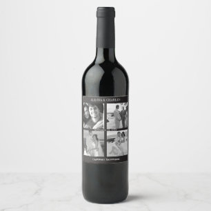 Black 4 Photo Collage Wedding Wine Label