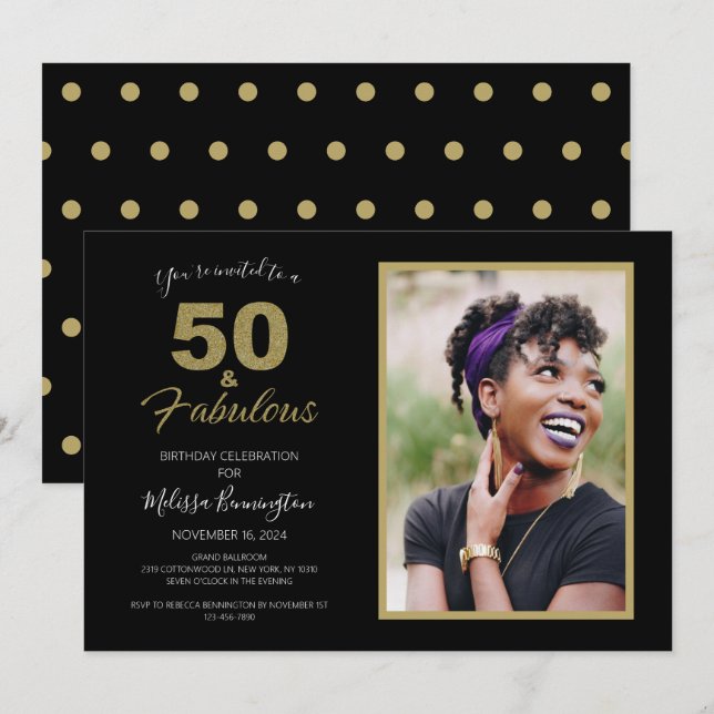 Black 50 and Fabulous 50th Birthday Party Photo Invitation (Front/Back)