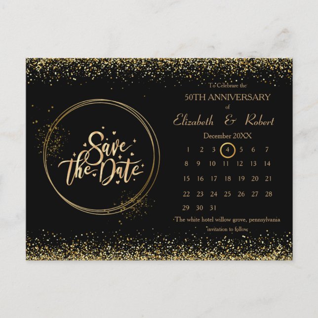 Black 50th Anniversary Wedding The Date Calendar Announcement Postcard (Front)