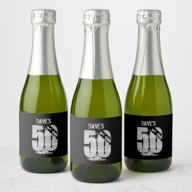 Black 50th Any Age Birthday Party Custom Mini  Sparkling Wine Label (Bottles)