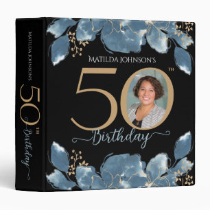 Black 50th Birthday Blue Gold Floral Custom Photo  Binder