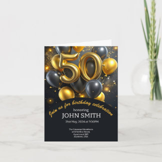 Black 50th birthday golden balloons glittering invitation