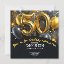 Black 50th birthday golden balloons glittering