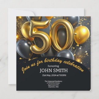 Black 50th birthday golden balloons glittering save the date
