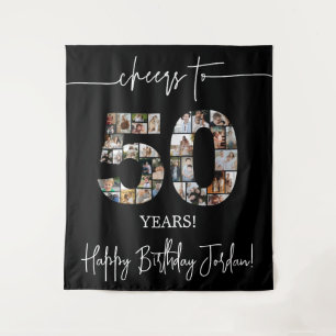Black 50th Birthday Photo Collage Cheers to 50 Tapestry