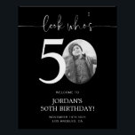 Black 50th Birthday Welcome Sign | Look Who's 50<br><div class="desc">Welcome guests to your 50th birthday celebration with this stunning editable welcome sign. Featuring a sleek, customizable layout, this template allows you to easily add your own photo and personalize the text, making it a perfect addition to your milestone 50th birthday decor. Ideal for entryways or as a party focal...</div>