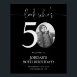 Black 50th Birthday Welcome Sign | Look Who's 50<br><div class="desc">Welcome guests to your 50th birthday celebration with this stunning editable welcome sign. Featuring a sleek, customizable layout, this template allows you to easily add your own photo and personalize the text, making it a perfect addition to your milestone 50th birthday decor. Ideal for entryways or as a party focal...</div>