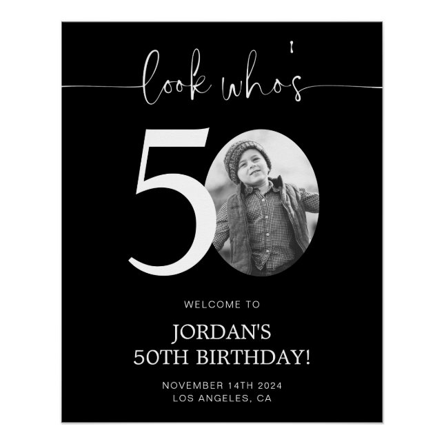Black 50th Birthday Welcome Sign | Look Who's 50 (Front)