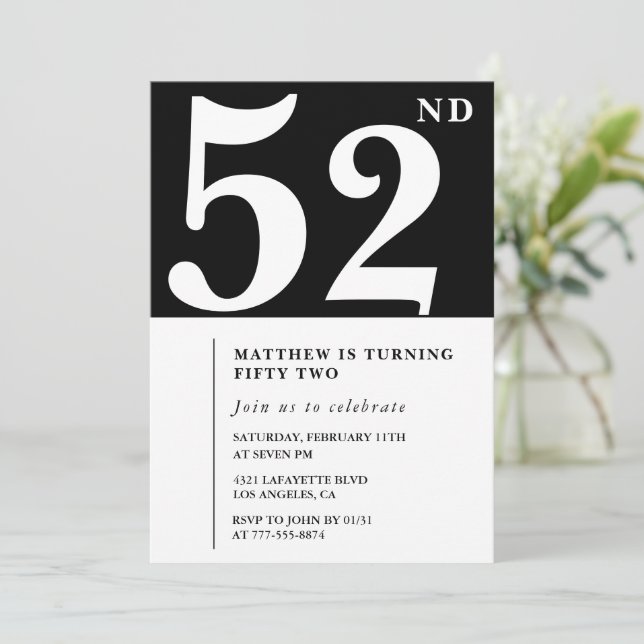 Black 52nd birthday invitation Elegant Chic Simple (Standing Front)