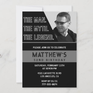 Black 52nd birthday invitations The Man The Legend