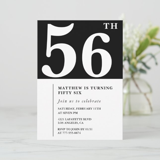 Black 56th birthday invitation Elegant Chic Simple (Standing Front)