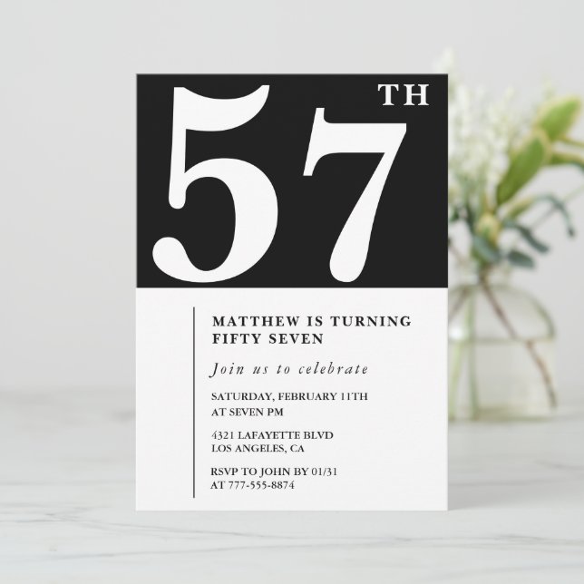 Black 57th birthday invitation Elegant Chic Simple (Standing Front)