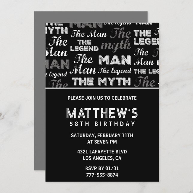 Black 58th birthday invitation for him Myth Legend (Front/Back)
