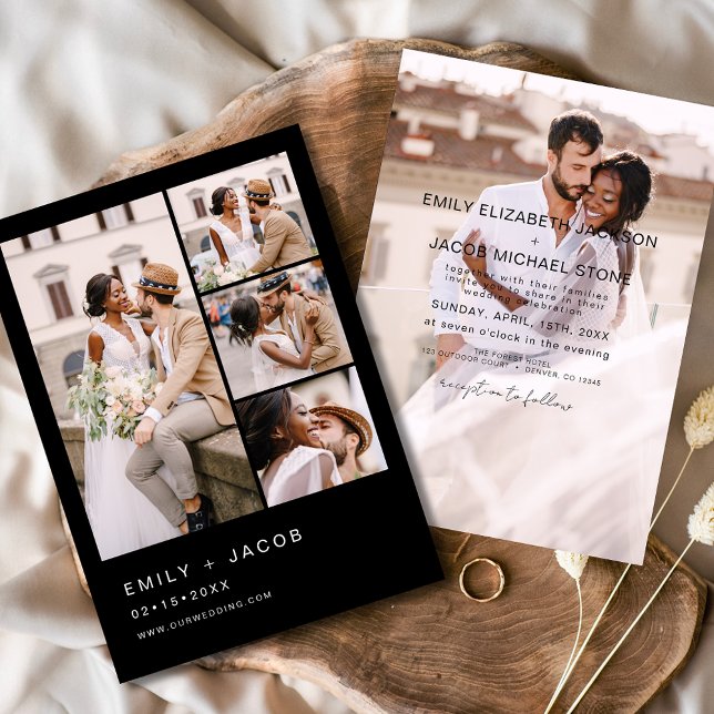 Black 5 Photo Modern Elegant Wedding Invitation (Creator Uploaded)