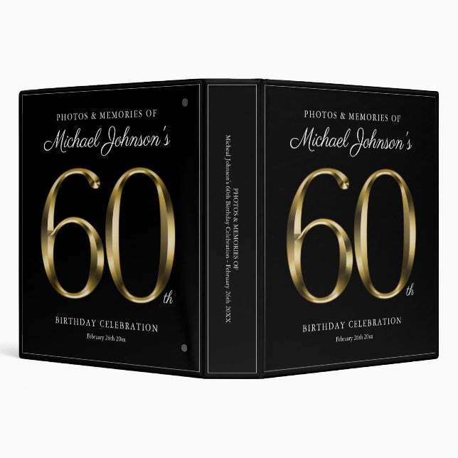 Black 60th Birthday Elegant Solid Gold Text Custom Binder (Background)