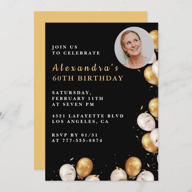 Black 60th birthday invitation Gold Balloon Photo  (Front/Back)