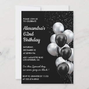 Black 62nd birthday invitations Balloons Silver