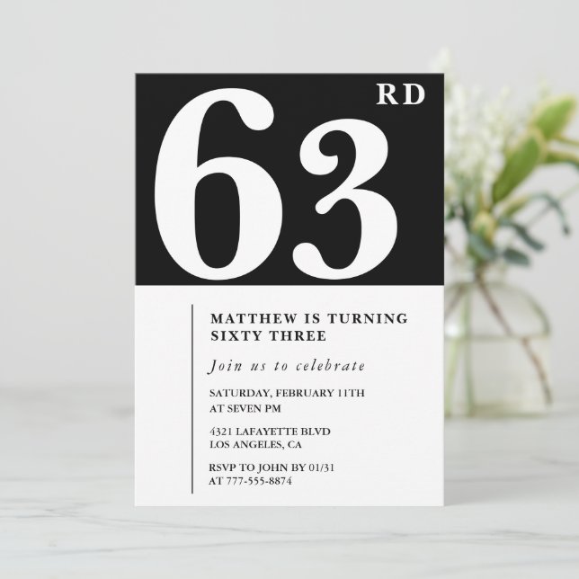 Black 63rd birthday invitation Elegant Chic Simple (Standing Front)