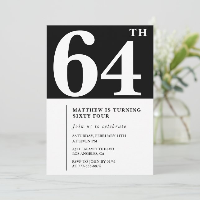 Black 64th birthday invitation Elegant Chic Simple (Standing Front)