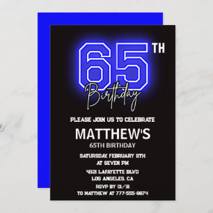 Black 65th birthday invitations Modern Sport Neon