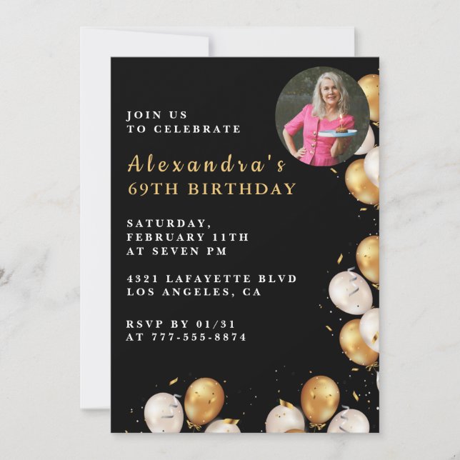 Black 69th birthday invitation Gold Balloon Photo  (Front)