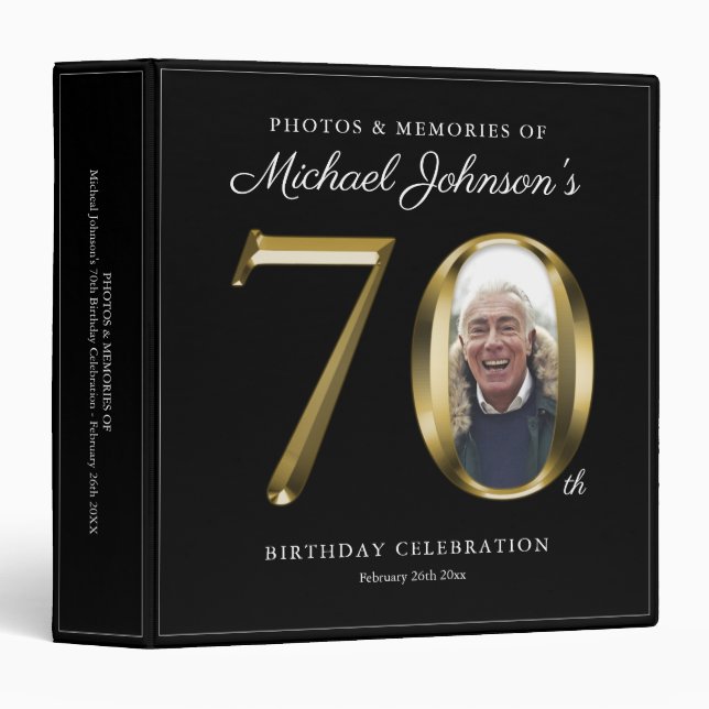 Black 70th Birthday Elegant Gold Text Custom Photo Binder (Front/Spine)