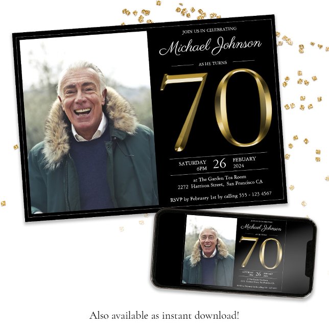 Black 70th Birthday Gold Text Classy Modern Photo Invitation (Black 70th Birthday Gold Text Classy Modern Photo Invitation)