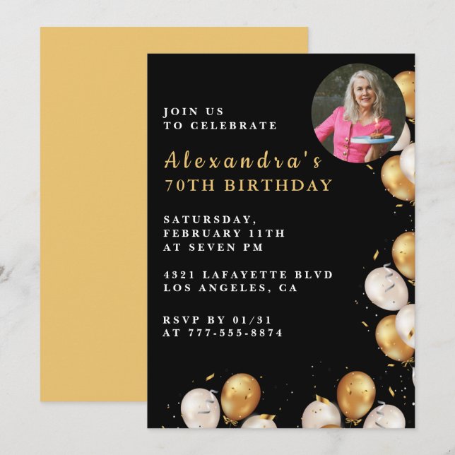 Black 70th birthday invitation Gold Balloon Photo  (Front/Back)