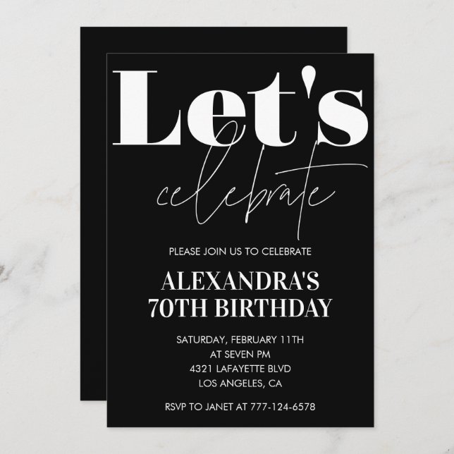 Black 70th birthday invitations Bold Typography  (Front/Back)