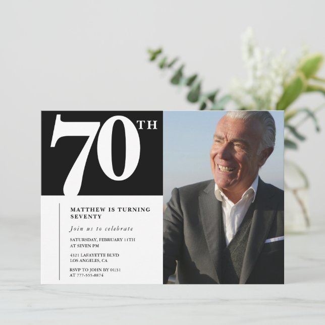 Black 70th birthday invitations Modern Chic Photo (Standing Front)