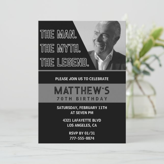 Black 70th birthday invitations The Man The Legend (Standing Front)
