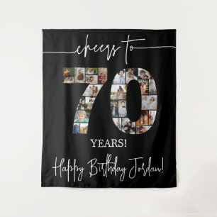 Black 70th Photo Collage Happy Birthday Backdrop Tapestry