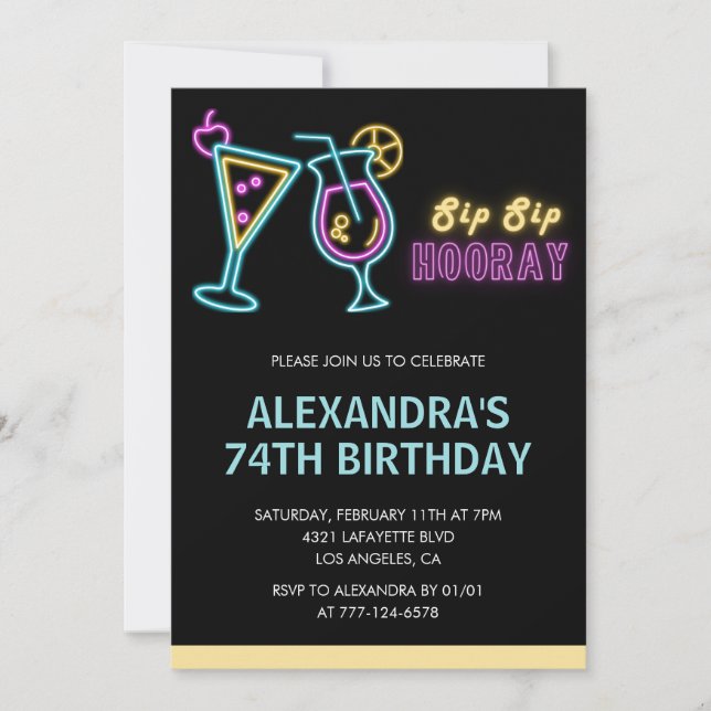 Black 74th birthday invitations Cocktail Neon Glow (Front)