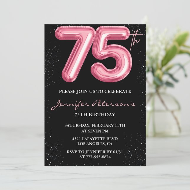 Black 75th birthday invitations Balloon Glam Pink (Standing Front)