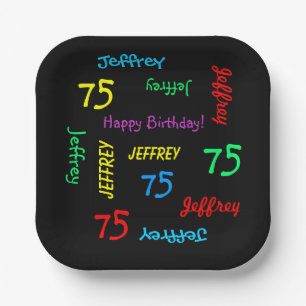 Black 75th Birthday Party, Repeating Names Square Paper Plate