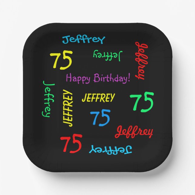Black 75th Birthday Party, Repeating Names Square Paper Plate (Front)