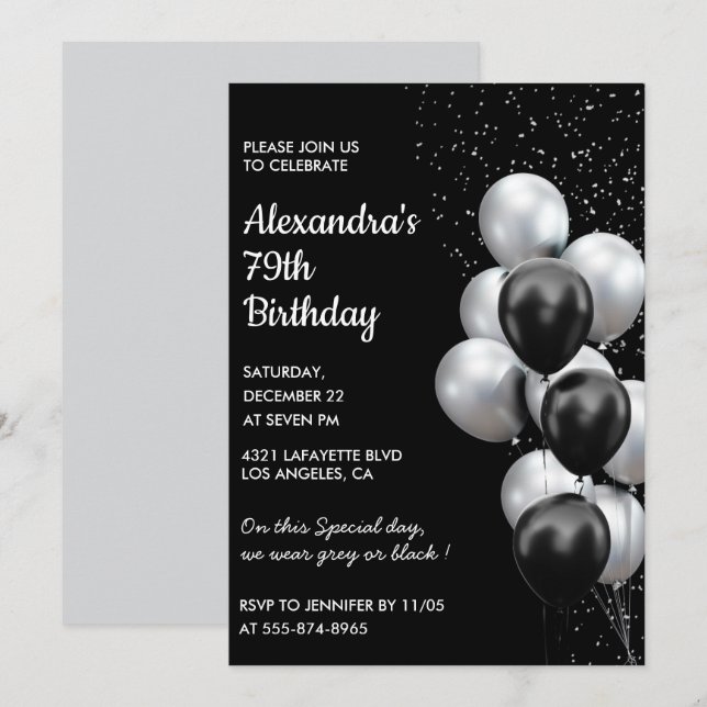 Black 79e anniversaire invitations Ballons Argent (Devant / Derrière)