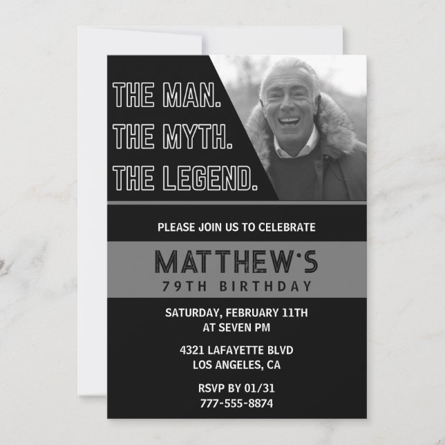 Black 79th birthday invitations The Man The Legend (Front)