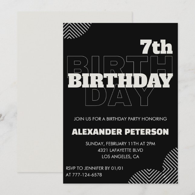 Black 7e anniversaire invitations Party Boy (Devant / Derrière)