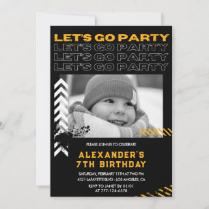 Black 7th birthday invitations Boy Photo Spray