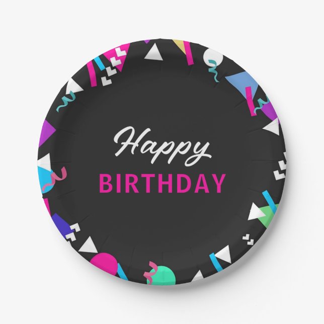 Black 80s Pattern Birthday Paper Plate (Front)