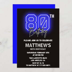 Black 80th birthday invitations Modern Sport Neon
