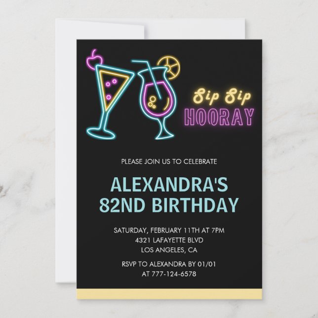 Black 82e anniversaire invitations Cocktail Neon G (Devant)