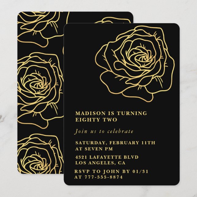 Black 82nd birthday invitations Gold Floral (Front/Back)