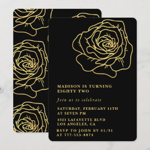 Black 82nd birthday invitations Gold Floral